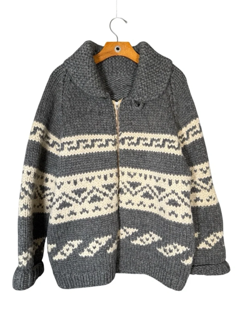 Vintage Grey Cream Cowichan Wool Caridgan Sweater Thick L - Picture 1 of 5
